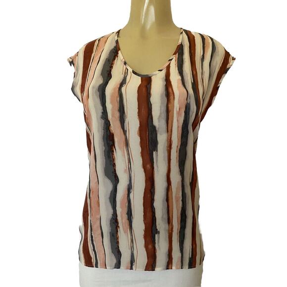 St John Silk Top Blouse Sleeveless Striped Brown Gray Cream Keyhole Stre… - Picture 1 of 9